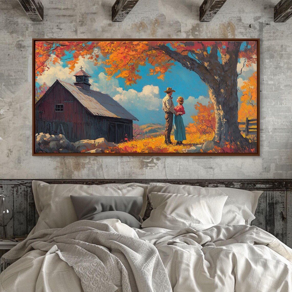 Western Couple Embracing By A Red Barn In Bright Autumn Art Print - Image 2