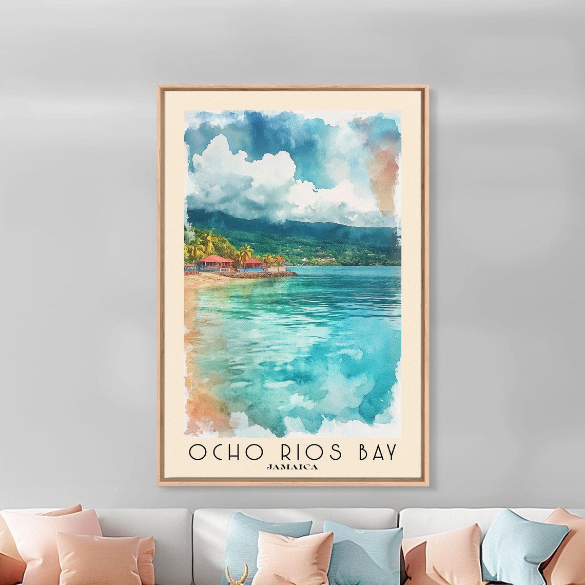 Ocho Rios Bay Jamaica Turquoise Bay Beach Huts Green Mountain Poster - Image 3