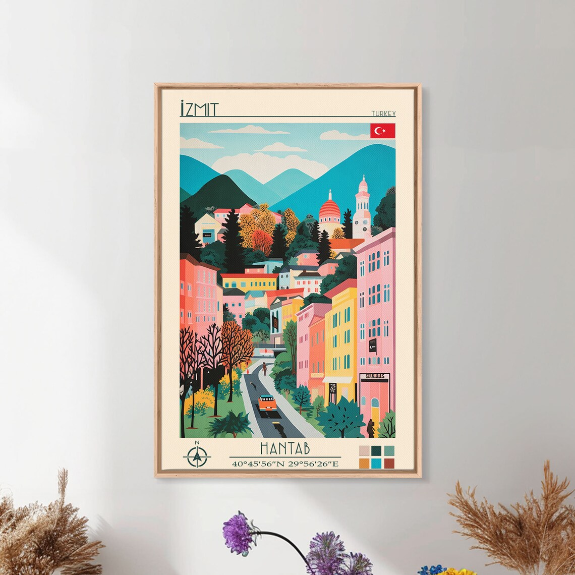 Izmit Turkey Colorful Hillside City Clock Tower View Travel Poster