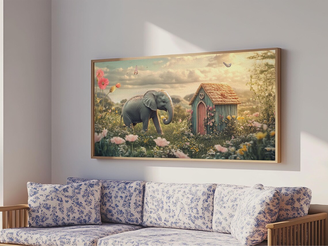 Baby Elephant Flower Meadow Cottage Pastel Whimsical Nursery Wall Art Poster - Image 6