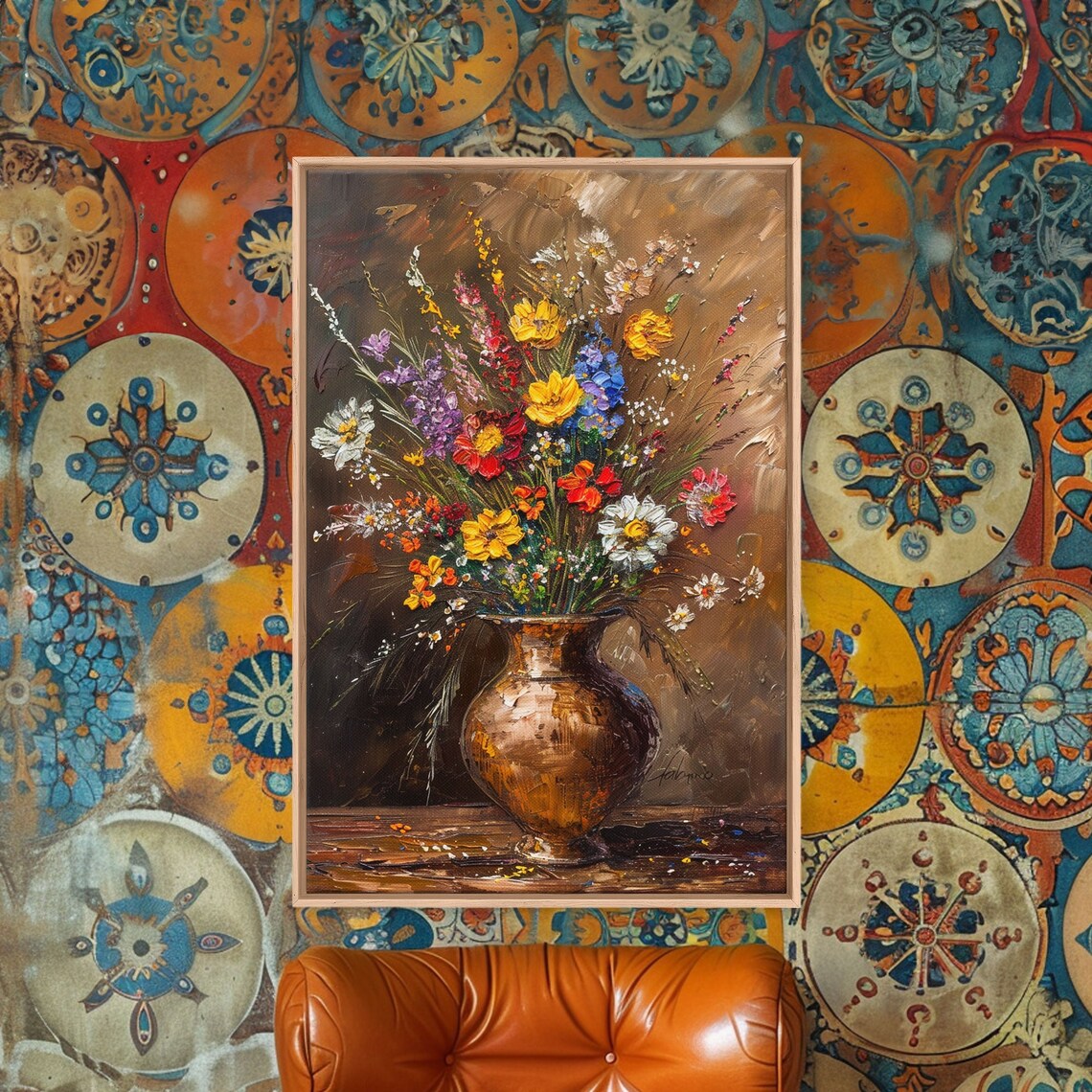 Lush Wildflower Arrangement In Bronze Vase Oil Painting Art Poster