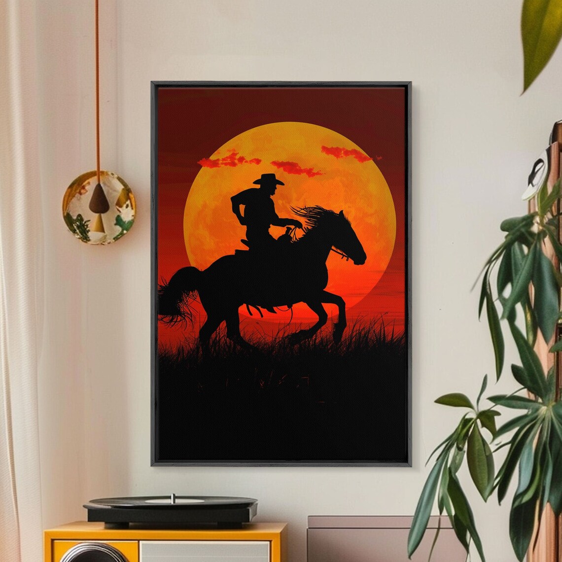 Cowboy Silhouette On Galloping Horseback Giant Orange Sunset Wall Art