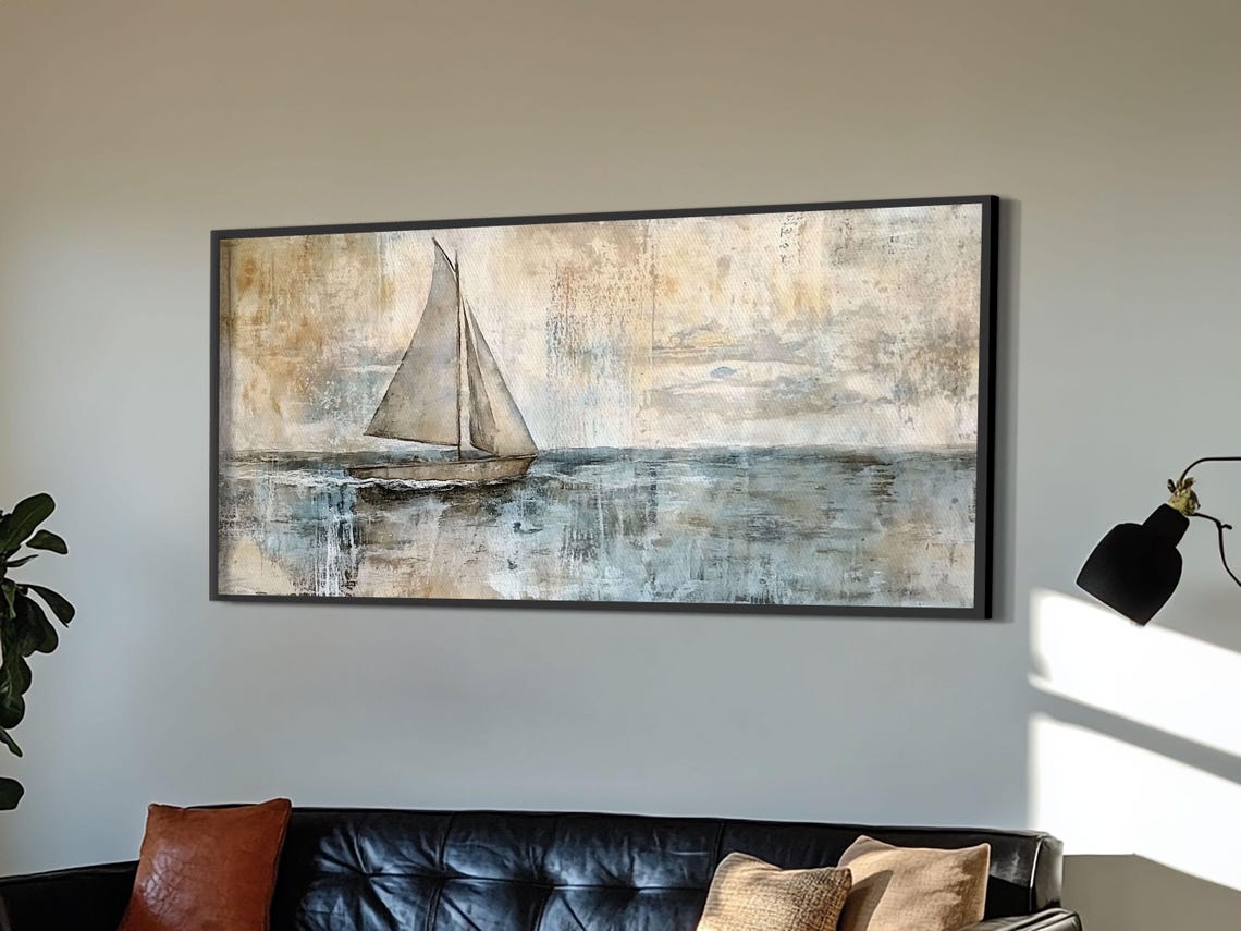 Minimalist Sailboat Calm Sea Neutral Beige Blue Abstract Art Print - Image 2