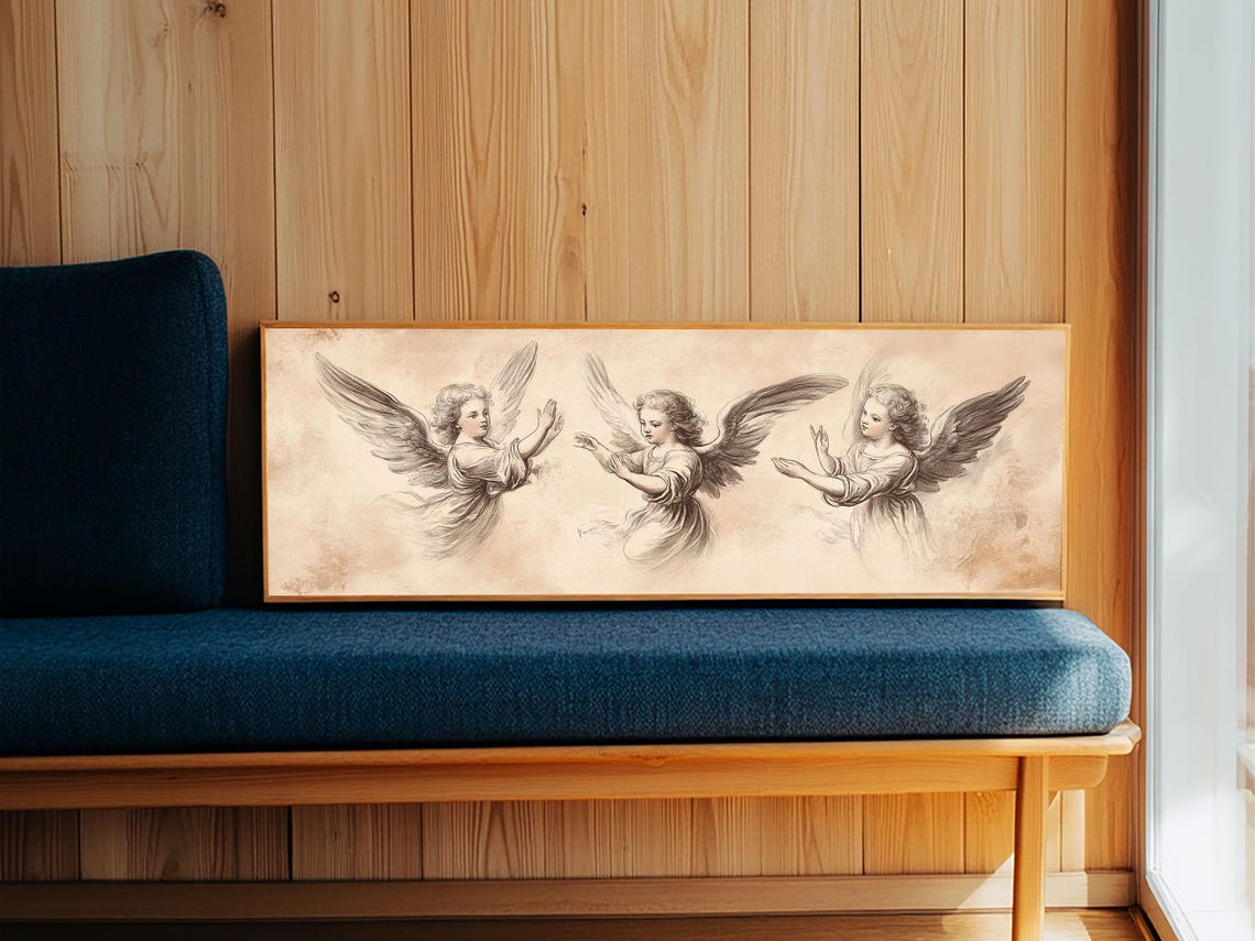 Painting Of 3 Angels Print Guardian Angels Wall Art Angel Sketch Angel Painting Angelic Home Decor Extra Wide Wall Art - Image 6