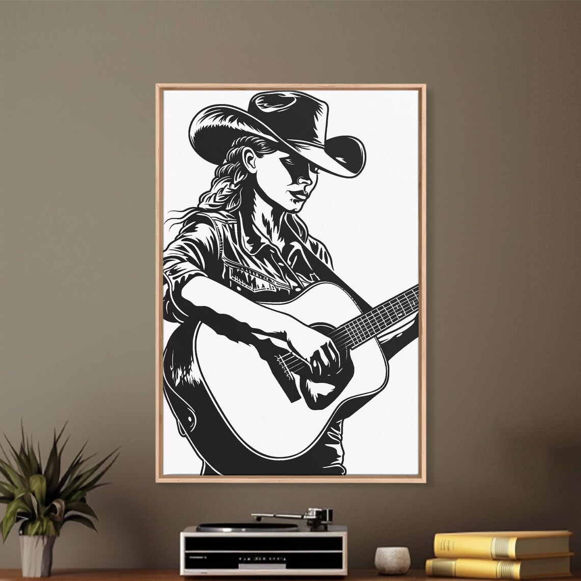 Cowgirl Playing Guitar Black White Bold Country Music Art Poster - Image 2