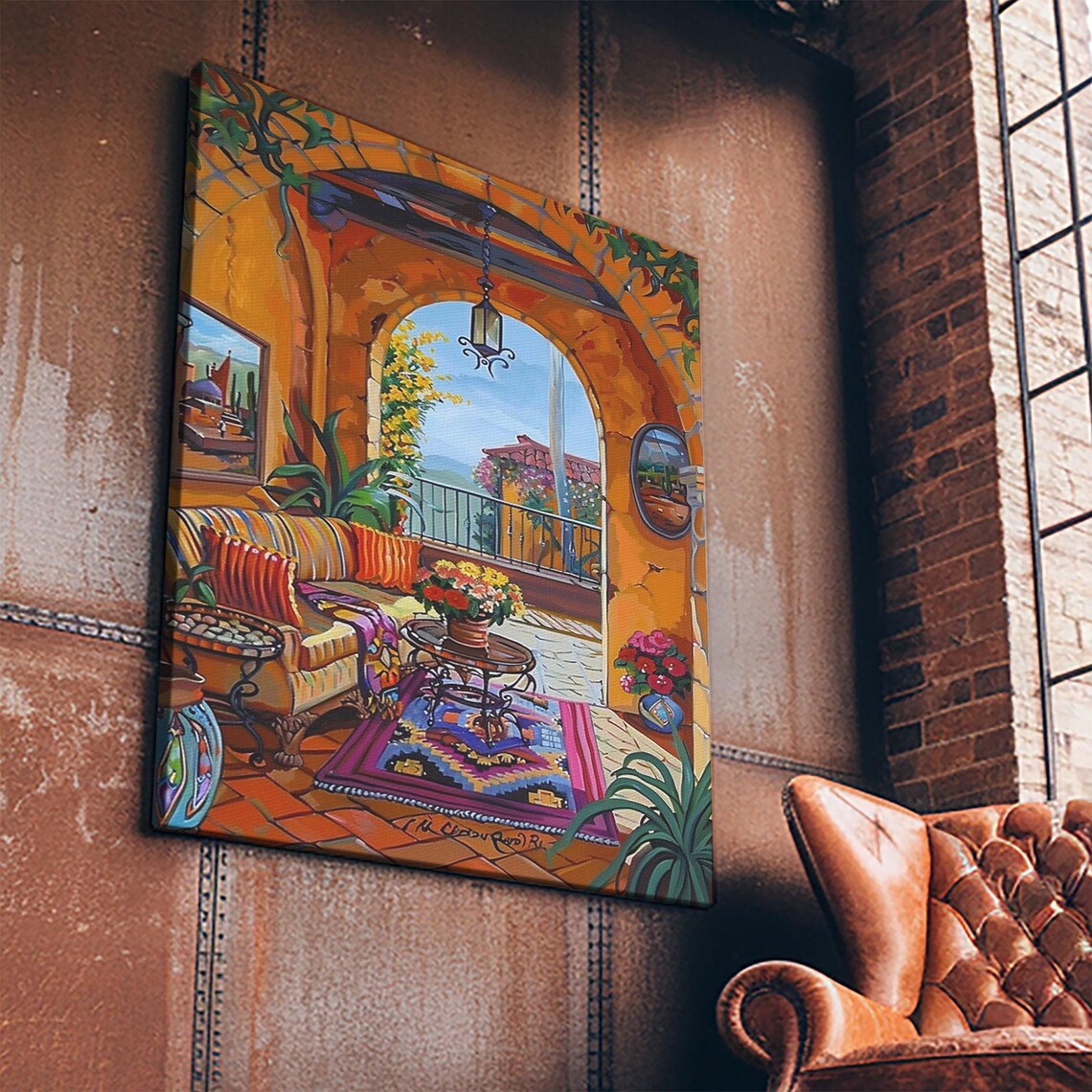 Spanish Terrace Arched Patio Colorful Rug Flower Painting Art Print - Image 5