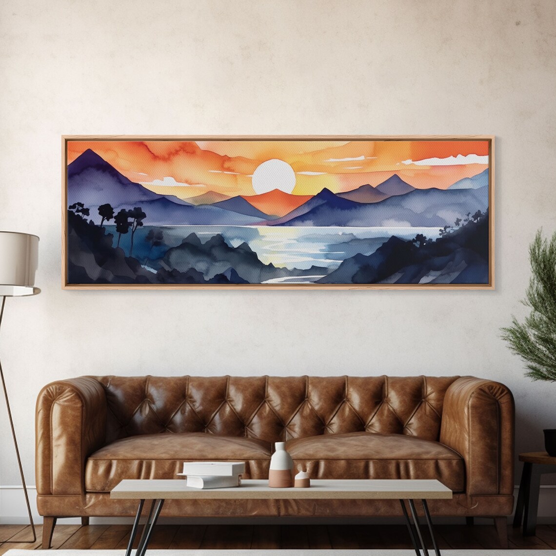 Mid-Century Mountain Sunset Watercolor Art Print