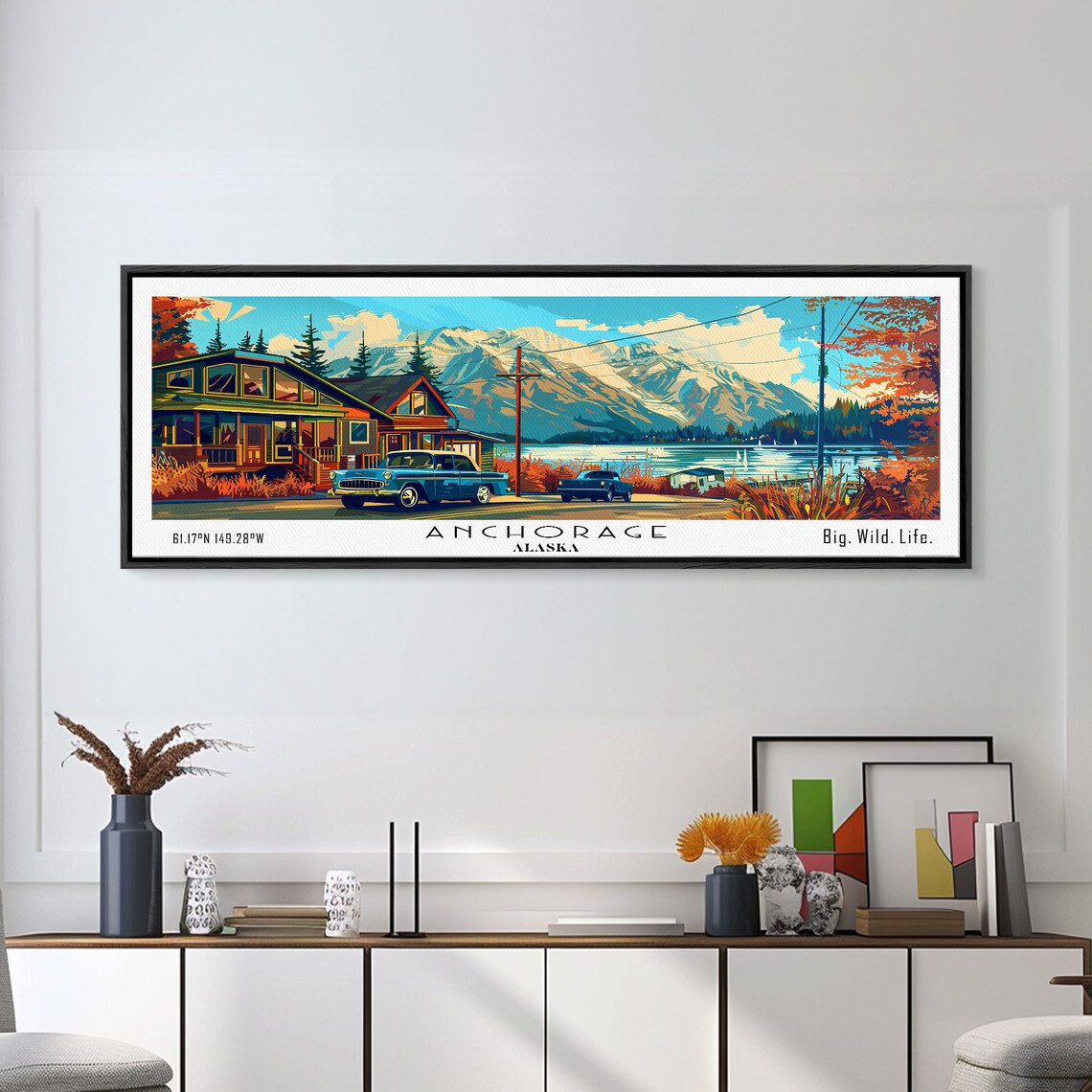 Anchorage Alaska Lakeside Cabins Snowy Mountains Vintage Truck Travel Poster - Image 4