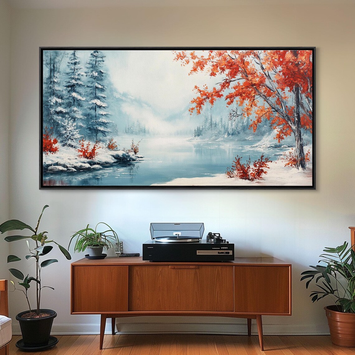 Winter Lake Snowy Pines Red Autumn Tree Icy Shoreline Landscape Poster - Image 5