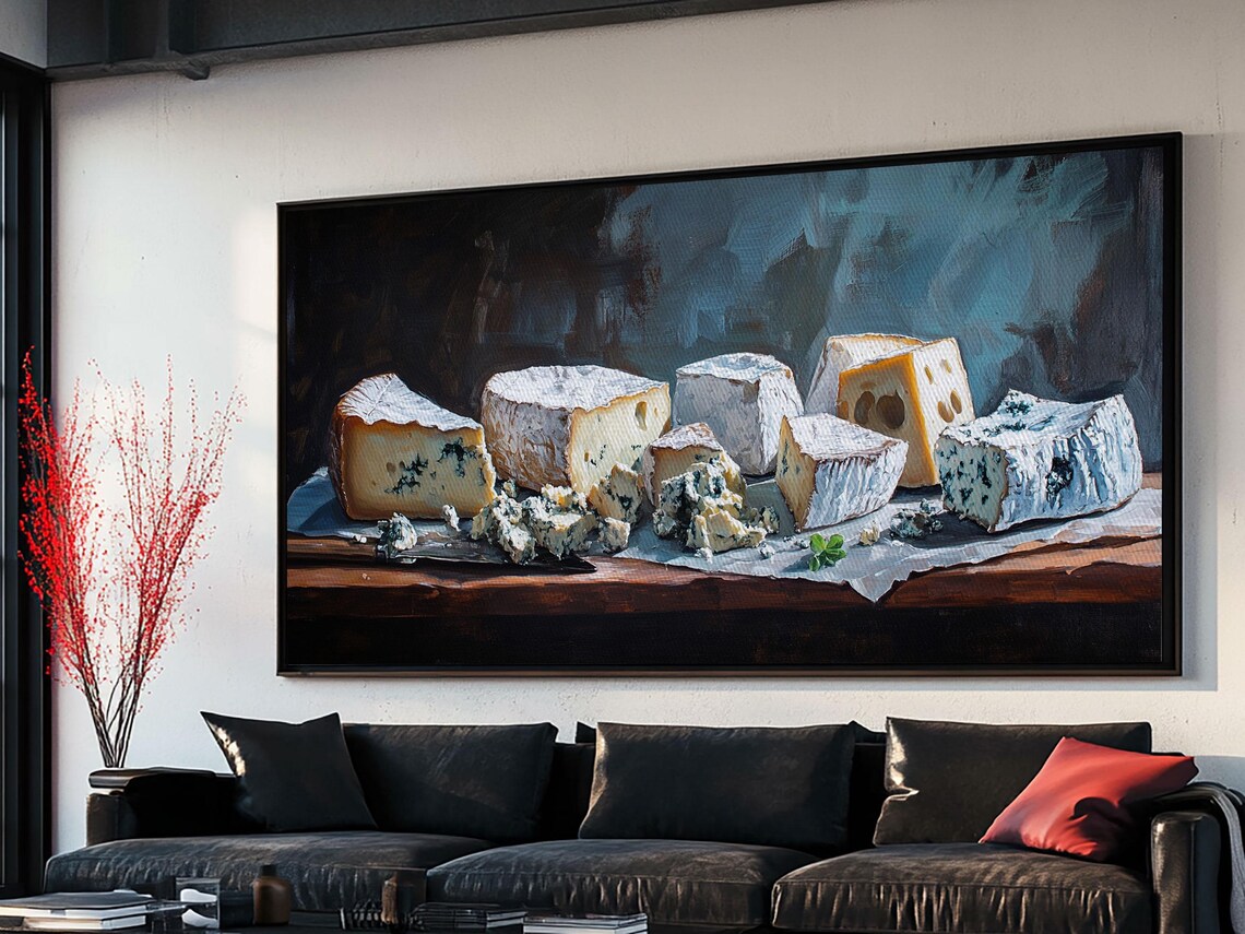 Blue Cheese Wedges Still Life Dark Table Rustic Oil Painting Print - Image 5