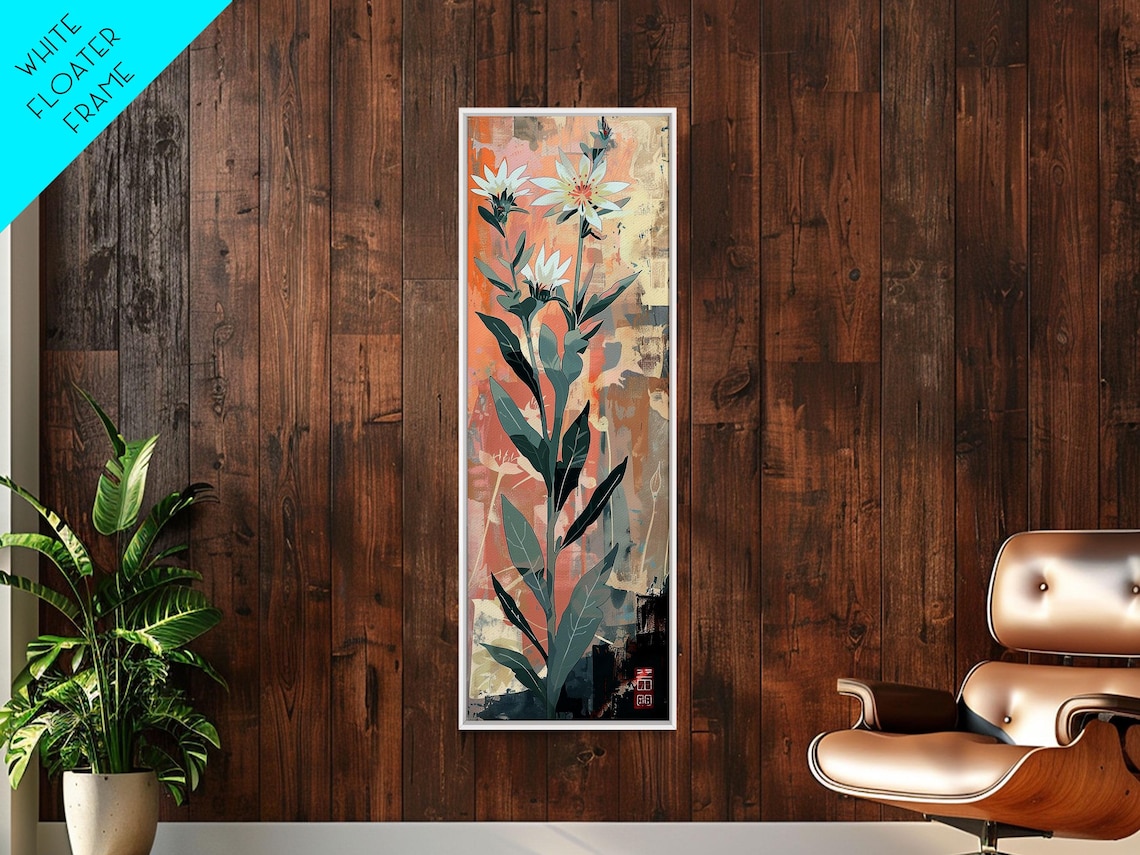 Tall White Wildflowers Coral Abstract Japanese Style Art Poster