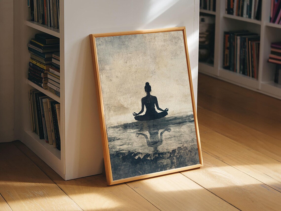 Meditation Silhouette Lotus Pose Water Reflection Neutral Zen Wall Art - Image 3