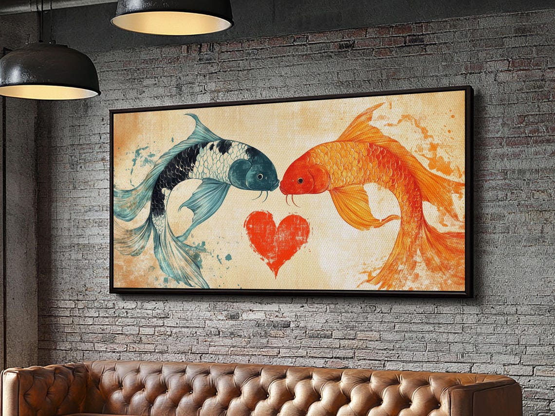 Two Koi Fish Facing Red Heart Love Watercolor Painting Couples Print - Image 2