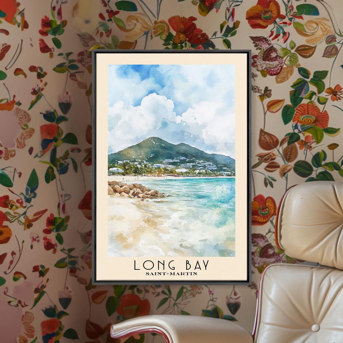 Long Bay Saint Martin Turquoise Sea White Beach Mountain View Poster - Image 3