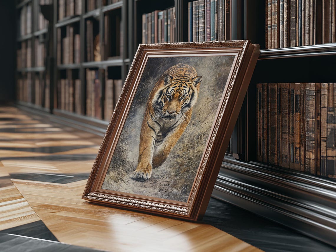 Tiger Stalking Forward Realistic Oil Painting Wild Cat Statement Print