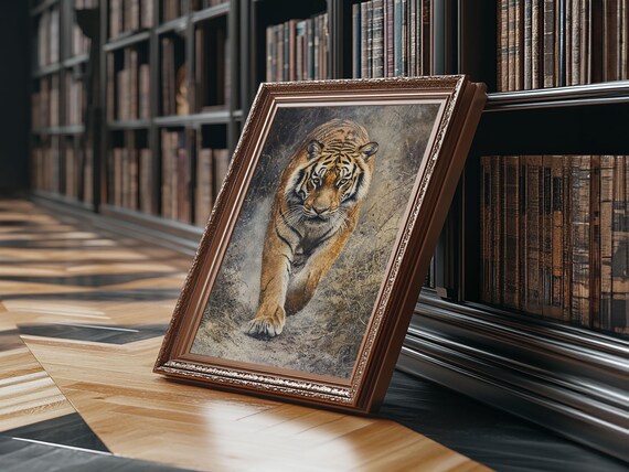 Tiger Stalking Forward Realistic Oil Painting Wild Cat Statement Print