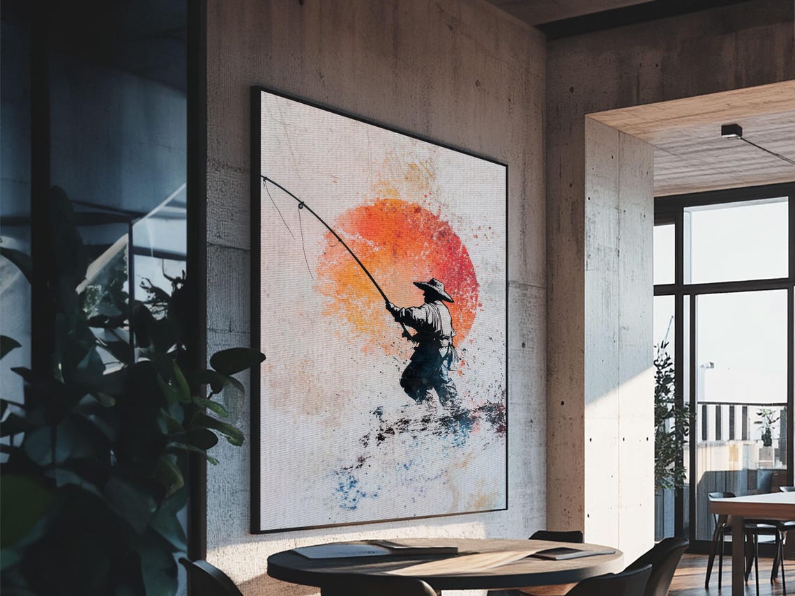 Fisherman Gift Idea Fisherman Painting Print Retro Wabi Sabi Fisherman Painting Gift For Fisher Fishing Gift Gift For Dad Nuevart - Image 2