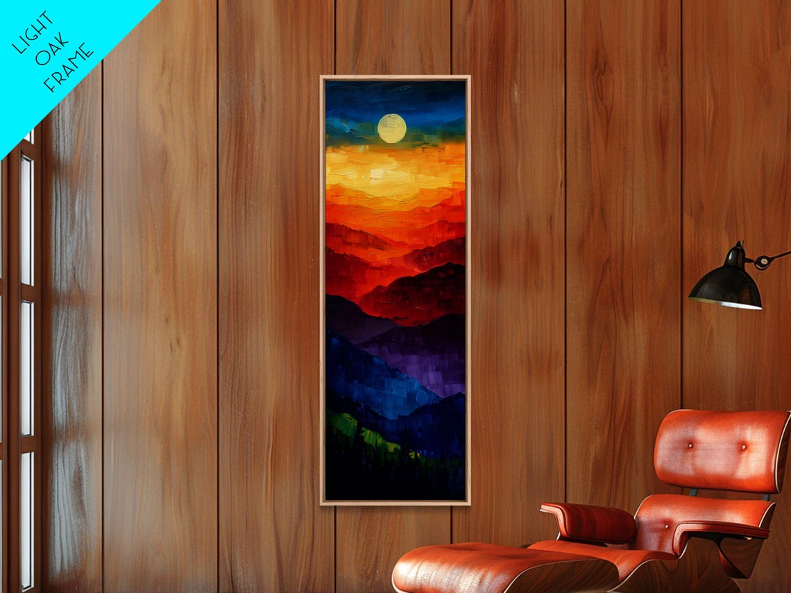 Colorful Layered Mountain Ridges Under Glowing Moon Night Art Poster - Image 3