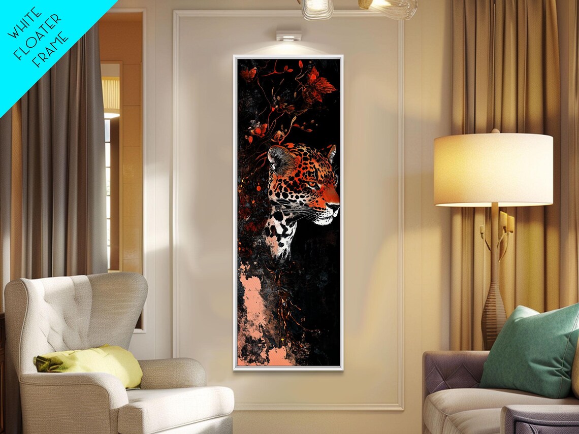 Leopard Head Autumn Leaves Red Flowers Black Background Wildlife Art Poster - Image 5