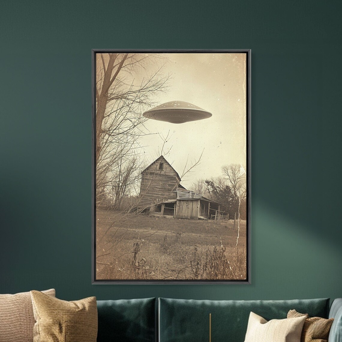 Vintage UFO Flying Saucer Old Barn Sepia Mystery Art Wall Print - Image 5