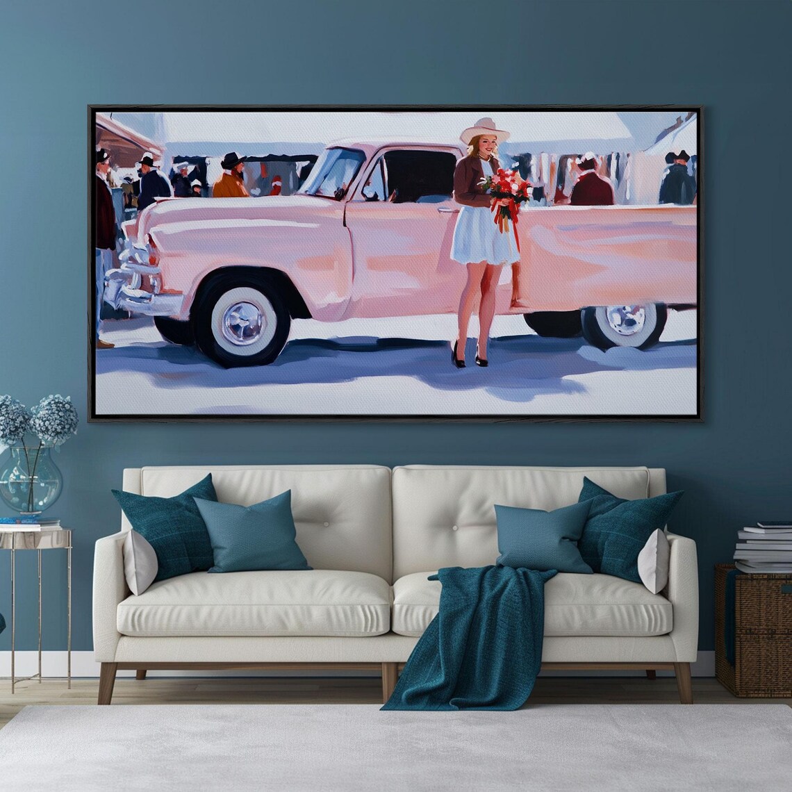 Cute Cowgirl Leaning On Pink Vintage Truck With Autumn Flowers Poster - Image 6