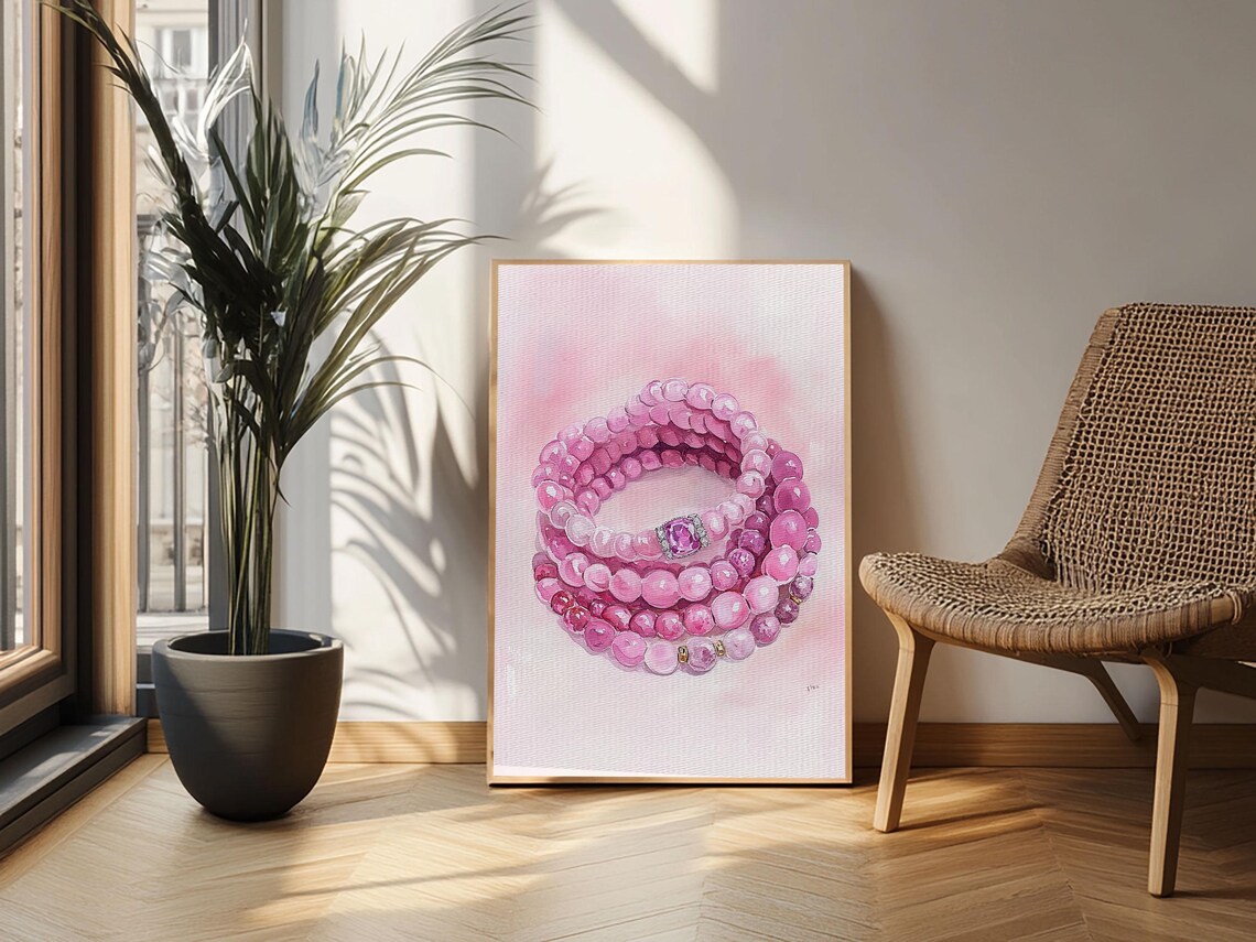 Pink Beaded Bracelet Watercolor Gemstone Jewelry Art Room Poster