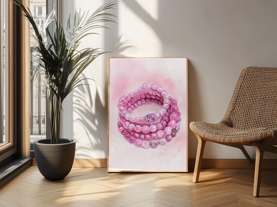 Pink Beaded Bracelet Watercolor Gemstone Jewelry Art Room Poster