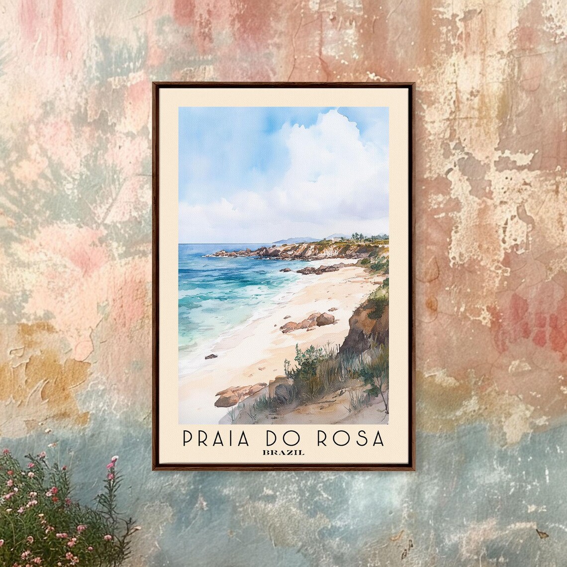Praia do Rosa Brazil Rocky Cove Sandy Beach Turquoise Sea Cliffs Watercolor Poster