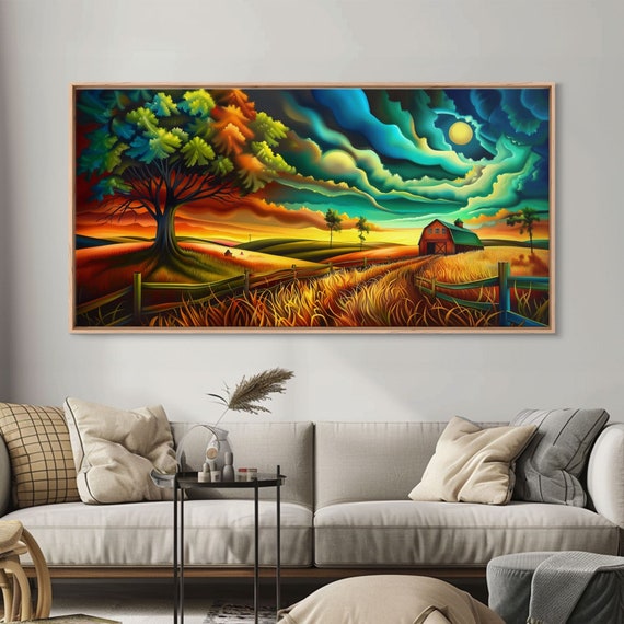 Vivid Abstract Farm Landscape With Dramatic Sky Perfect Wall Art Framed Print For Living Room Or Bedroom Decor Colorful Nature Art