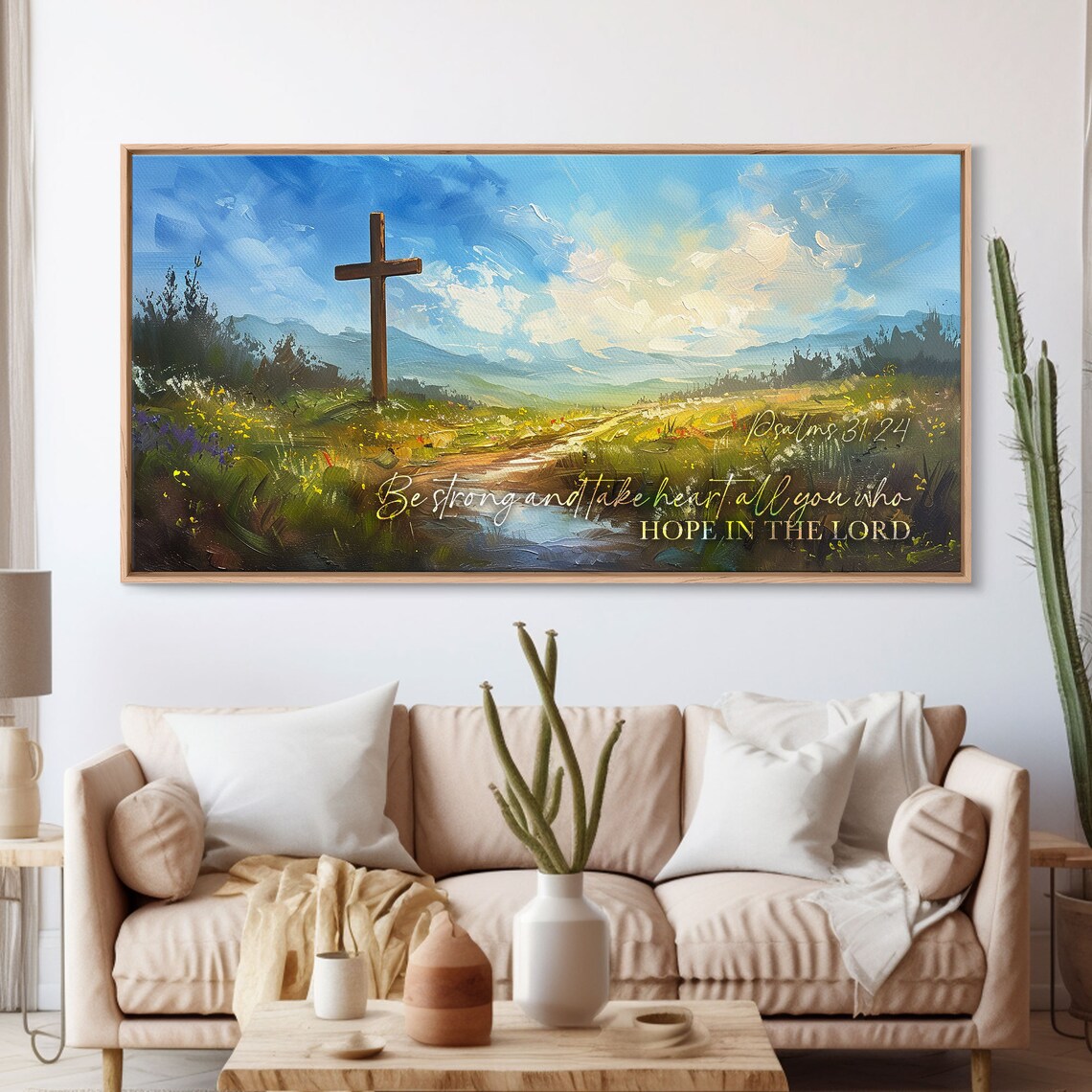 Psalms 31:24 Scripture Wall Art Be Strong Cross Meadow Christian Quote Poster - Image 3