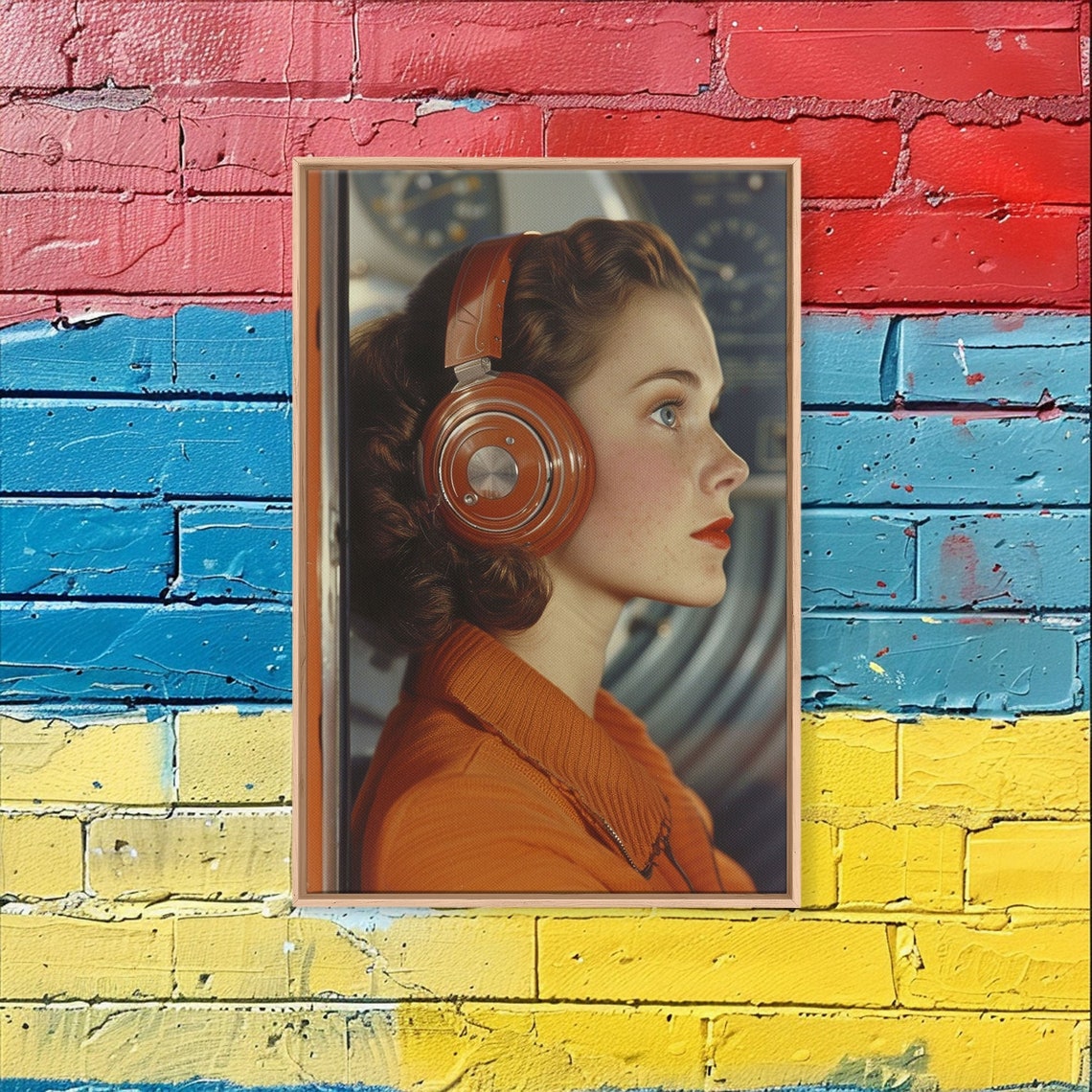 Retro Space Age Woman Headphones Cockpit 1950s Sci Fi Wall Art - Image 3