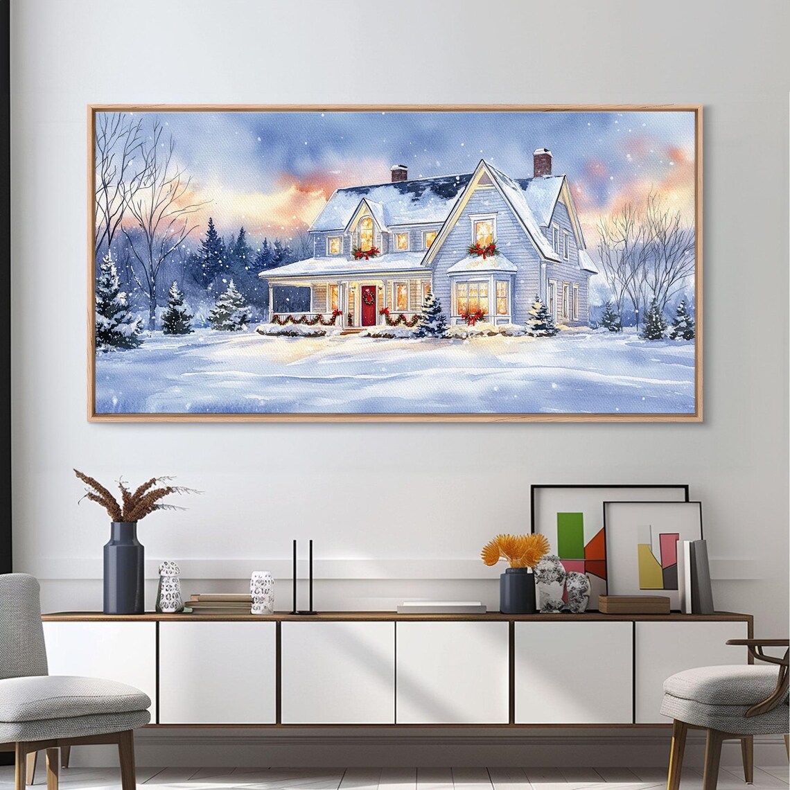Cozy Winter Cottage Snow Christmas Lights Glowing Windows Art Print - Image 6