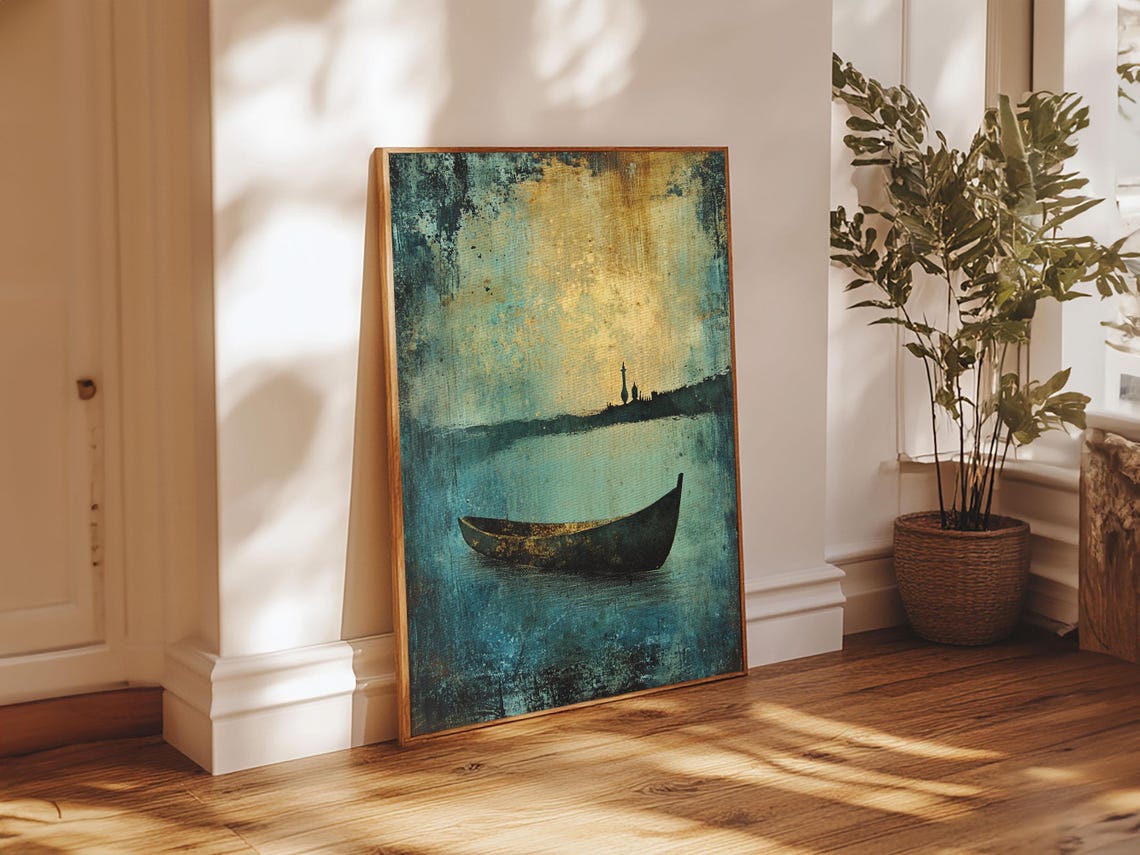 Lone Canoe Moored Teal Water Gold Sky Abstract Nautical Art Poster - Image 5