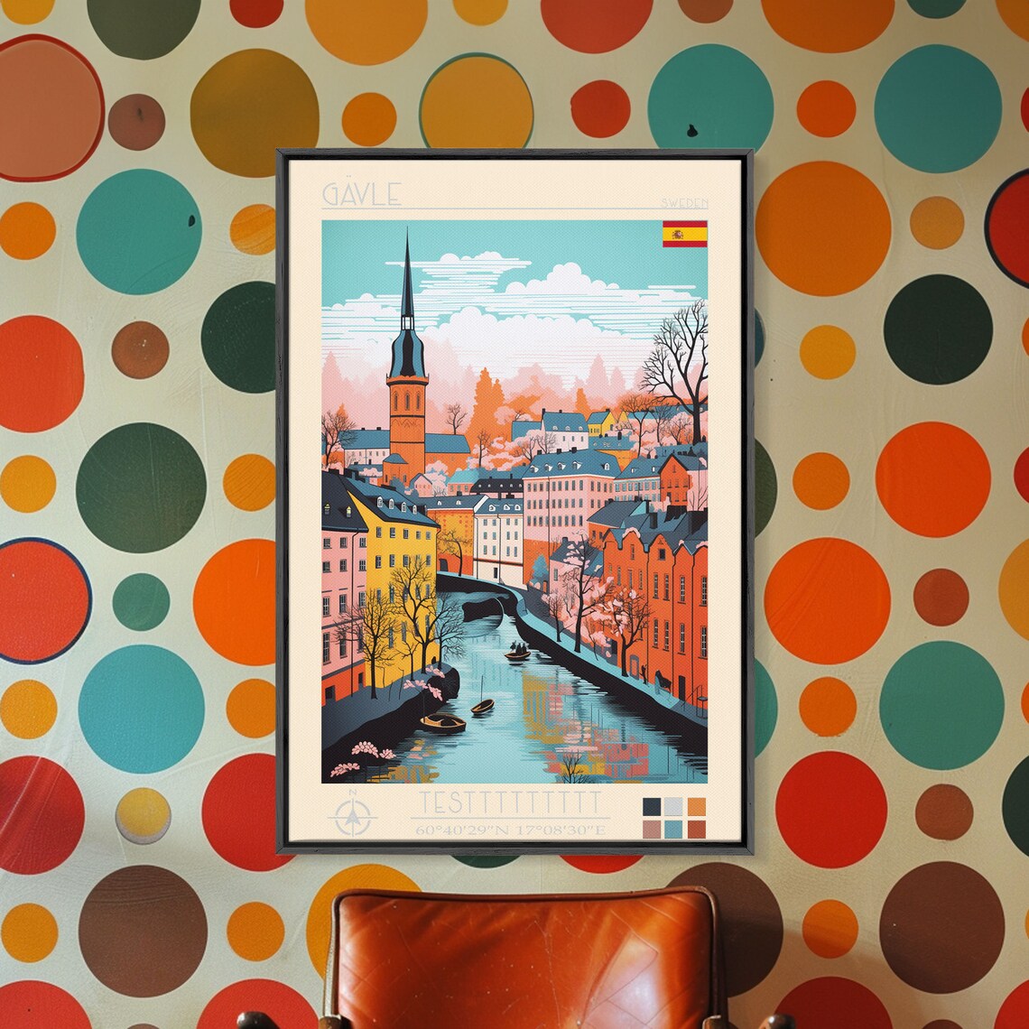 Gavle Sweden Canal Boats Church Spire Colorful Houses View Poster