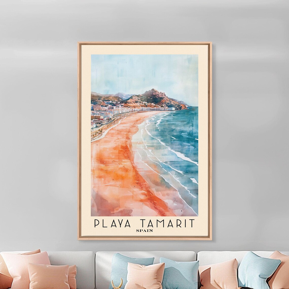 Playa Tamarit Spain Pink Sand Beach Teal Surf Watercolor Travel Poster - Image 3