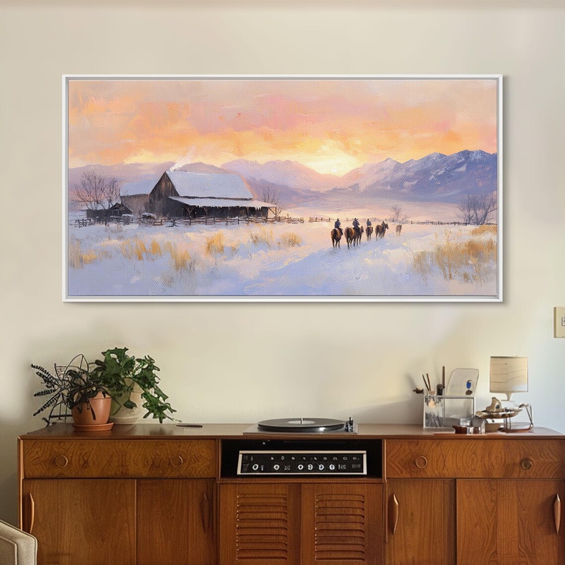 Snowy Farmhouse Sunset Ranch Barn Riders Winter Mountain Poster - Image 4