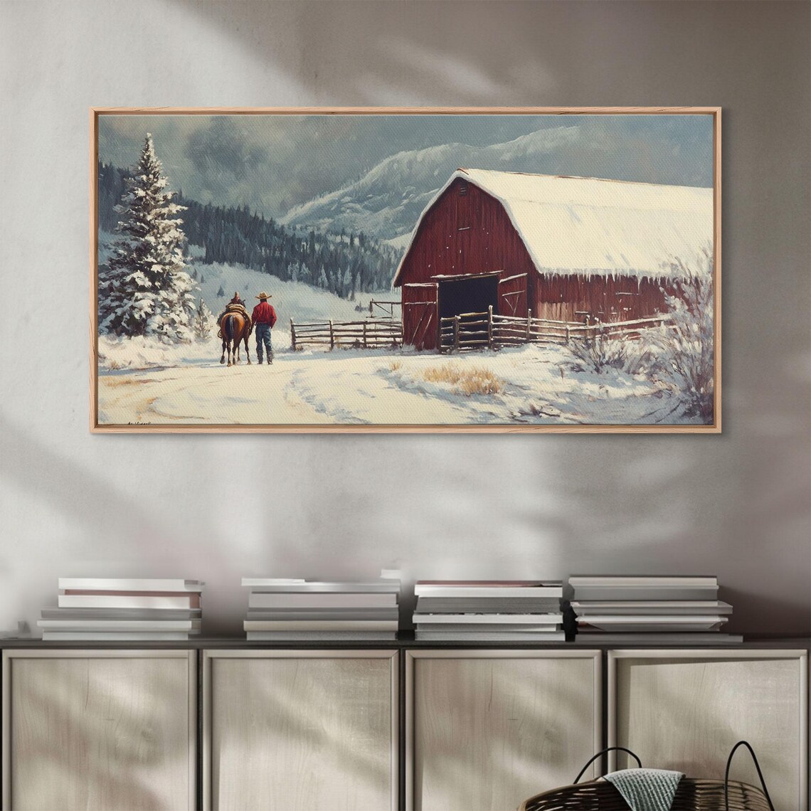 Cowboy With Horse Walking To Snowy Red Barn Winter Morning Poster