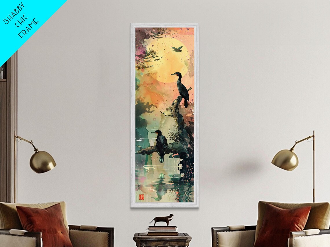Black Cormorants Water Moon Watercolor Japanese Style Tall Poster - Image 5