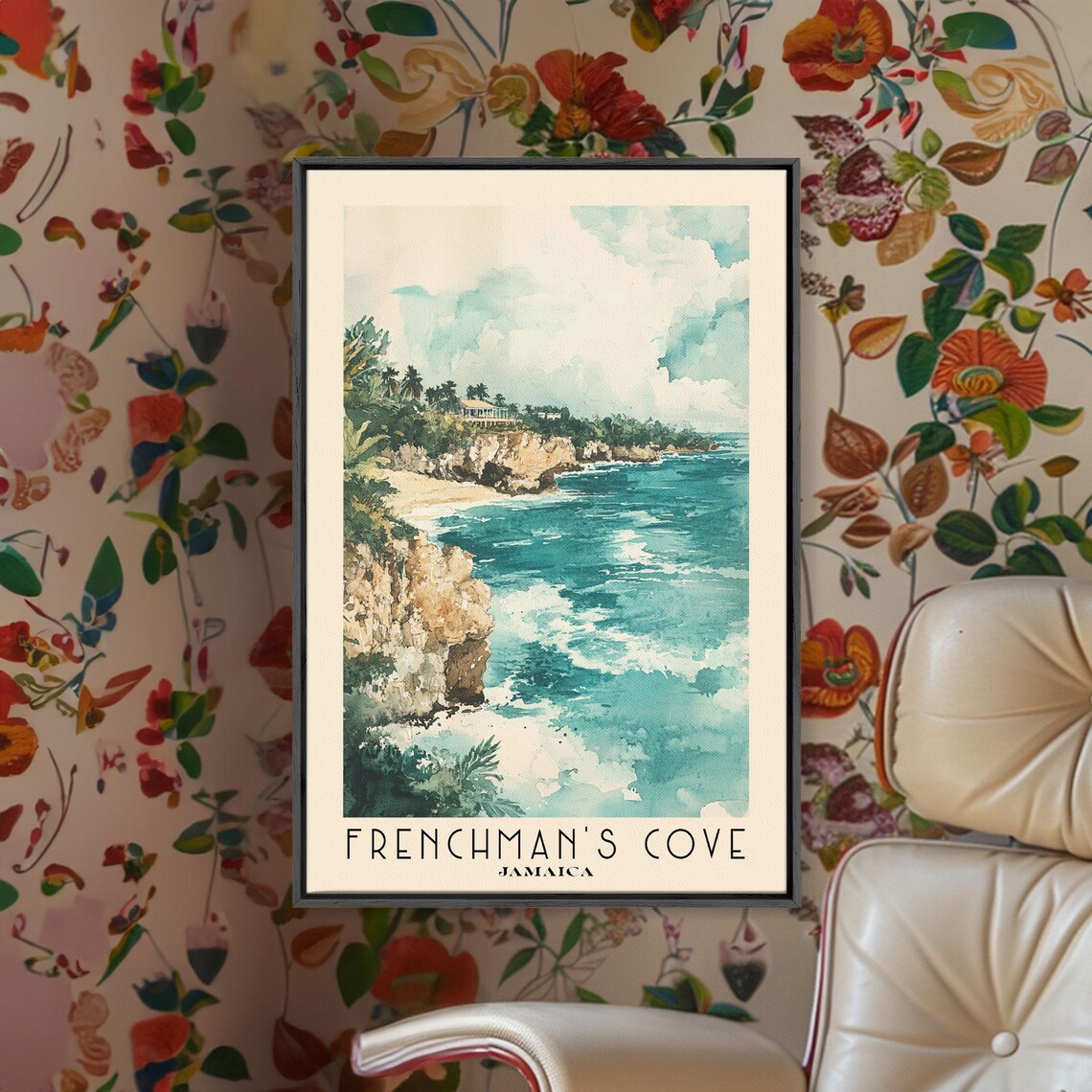 Frenchmans Cove Jamaica Rocky Cliff Cove Teal Ocean Watercolor Poster - Image 2