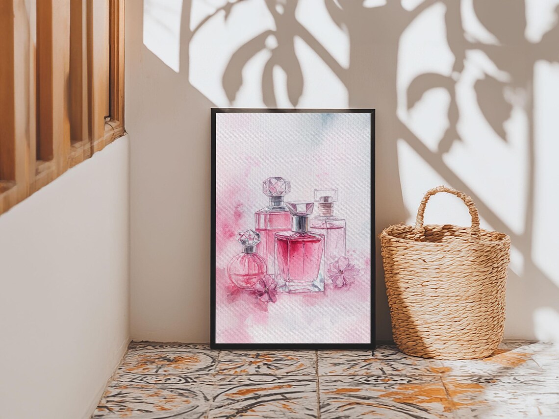 Pink Perfume Bottles Watercolor Feminine Vanity Glam Beauty Wall Art - Image 4