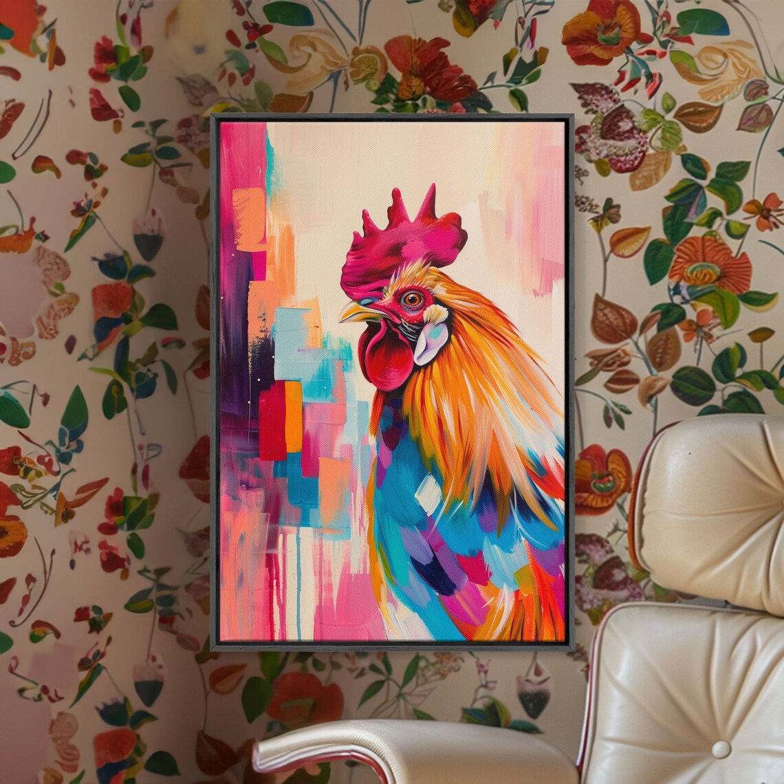 Colorful Rooster Portrait Abstract Pink Orange Farm Art Poster - Image 4