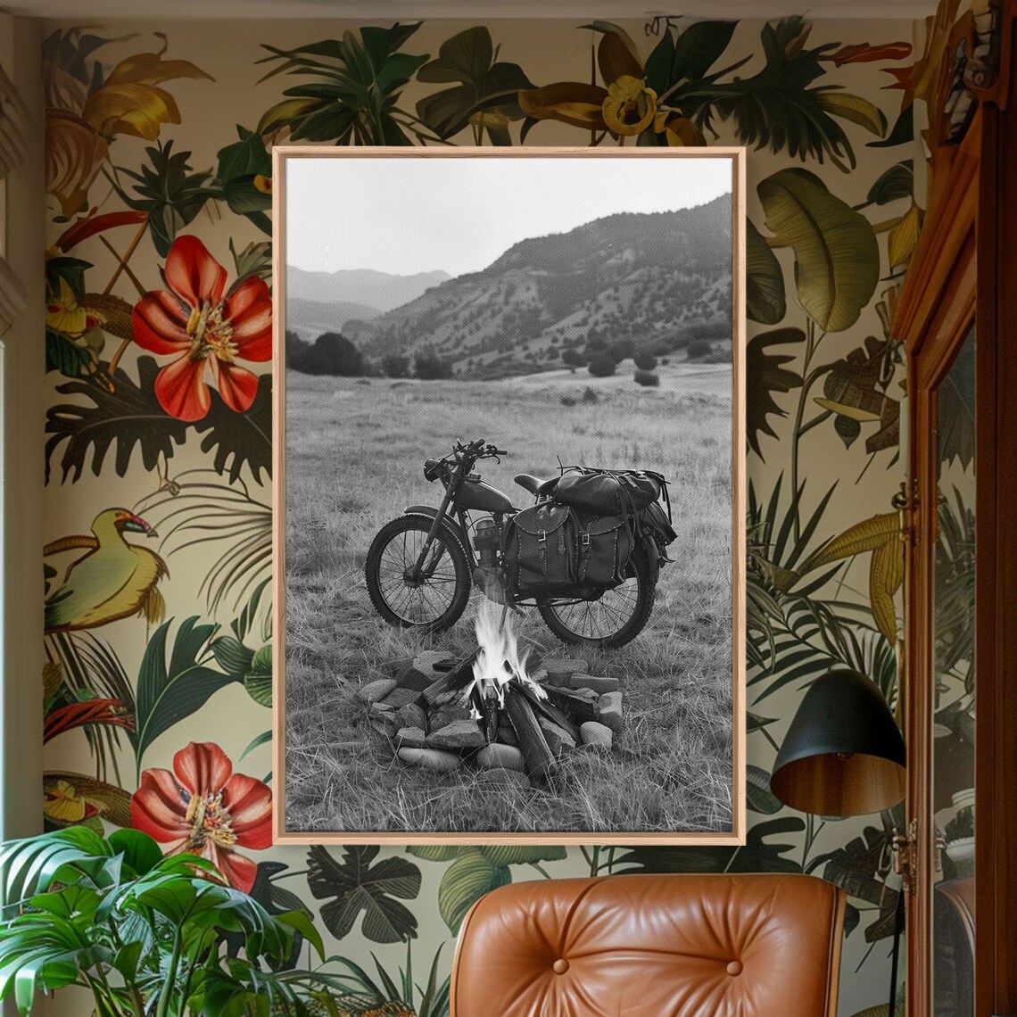Vintage Motorcycle Campfire Black and White Mountain Night Art Poster - Image 4