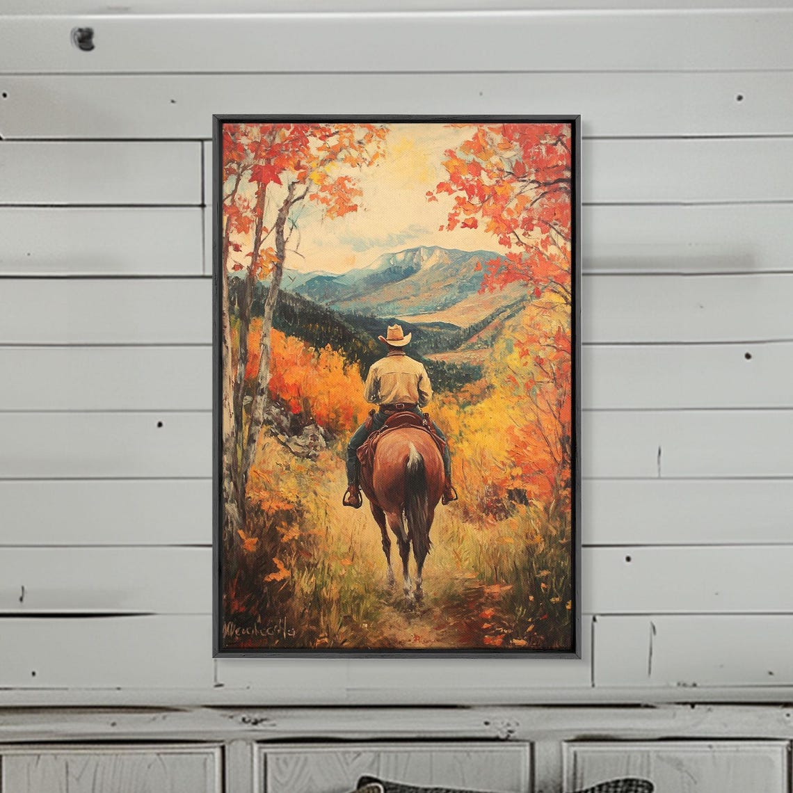 Cowboy Riding Autumn Trail Toward Mountains Orange Trees Fall Poster - Image 2