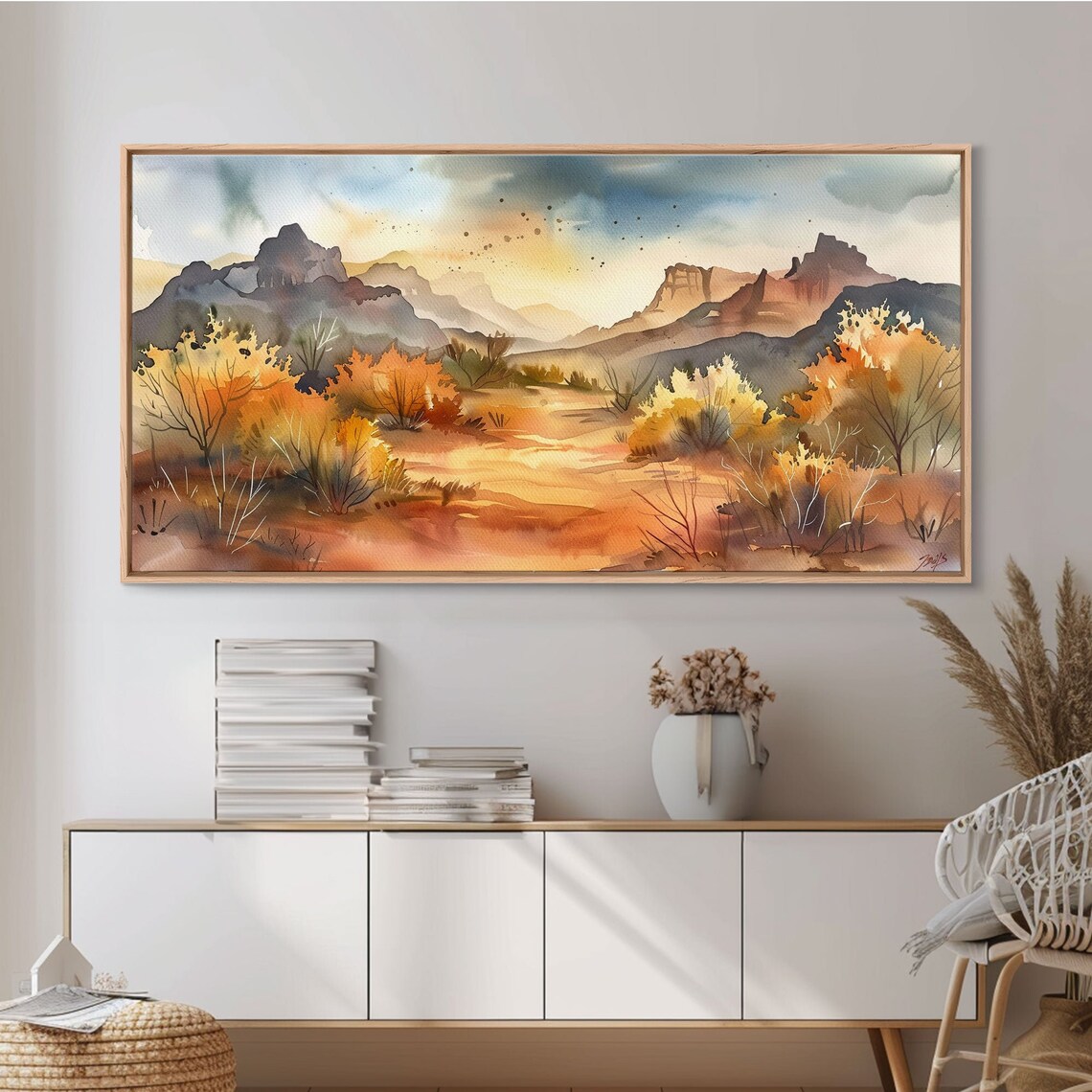 Golden Desert Mountains Sunlit Valley Watercolor Nature Art Poster - Image 3