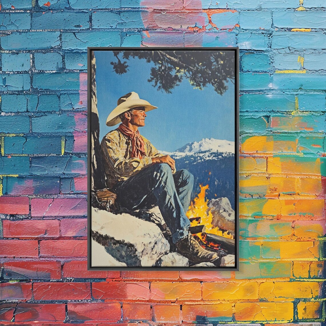 Cowboy Resting By Campfire Snowy Mountain Camp Western Scene Poster - Image 2