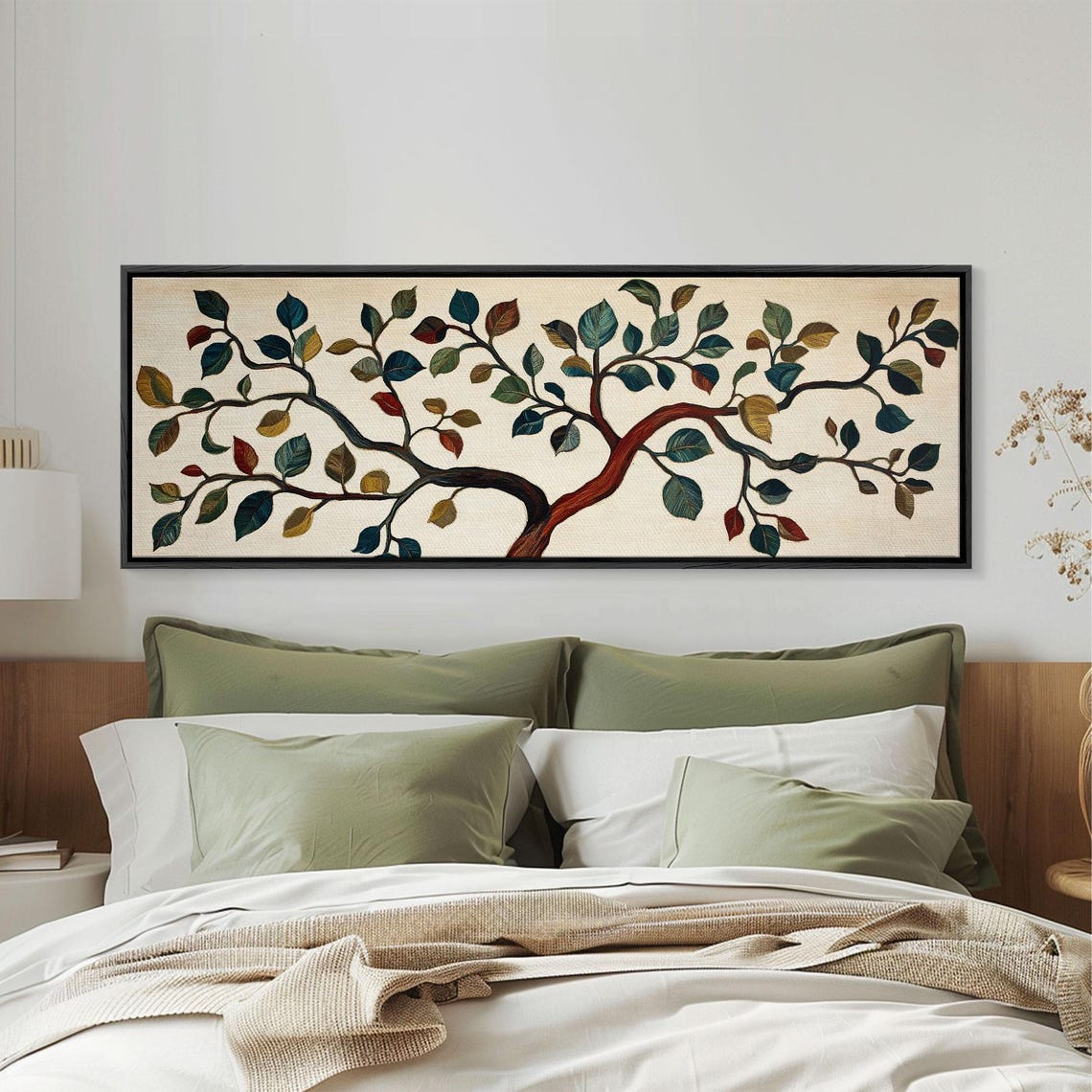 Boho Tree Branch Textile Style Colorful Leaves Panoramic Art Print - Image 3