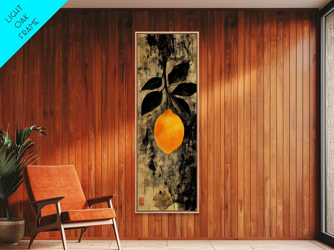Vintage Single Lemon Dark Leaves Antique Textured Ink Wash Art Poster - Image 2