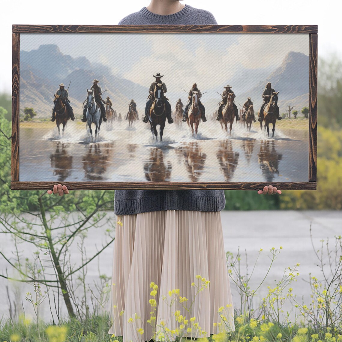 Cowboys On Horseback River Crossing Mountain Western Art Poster - Image 2