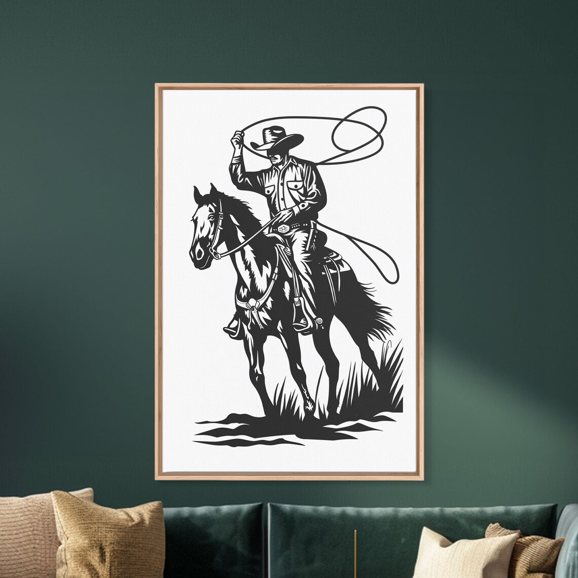 Cowboy Roping On Horseback Black Silhouette Western Line Art Poster
