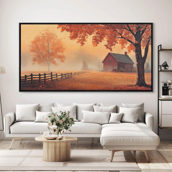 Rustic Barn Painting Framed Print Farmhouse Decor Farmhouse Wall Art Vintage Style Fall Barn Landscape Painting Original Artwork